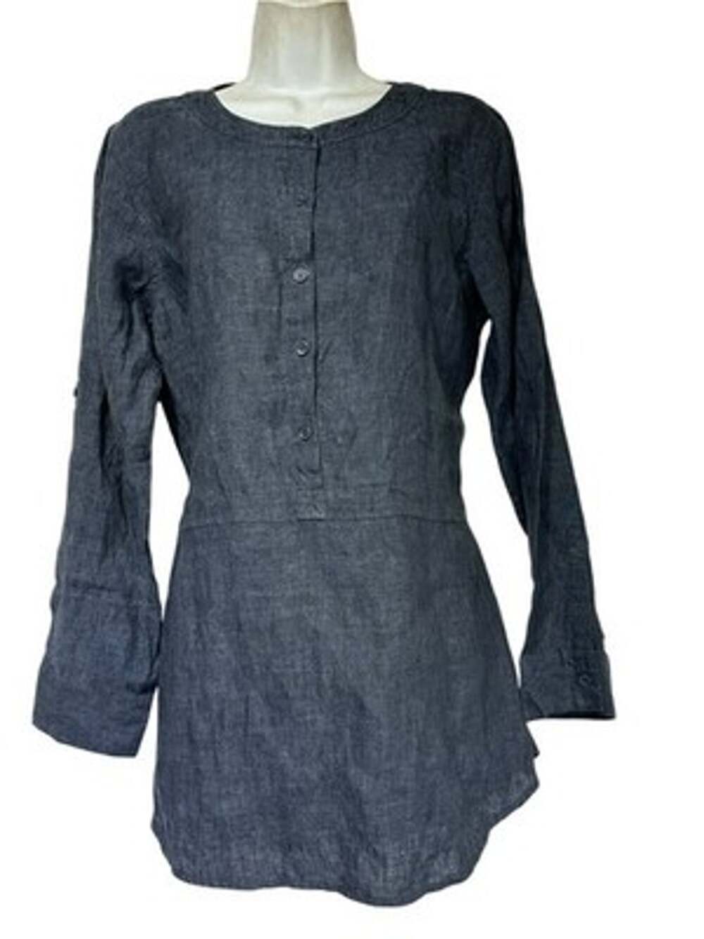 EILEEN FISHER Women’s Size S Blue Linen Lagenlook Top Button down Tunic Blouse